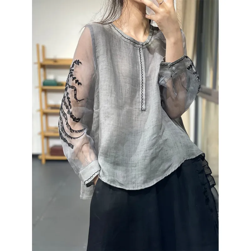 Embroidery Blouse - レディース シースルー 刺繍入り袖 リネンブラウス ボタン付きプラケット カジュアル