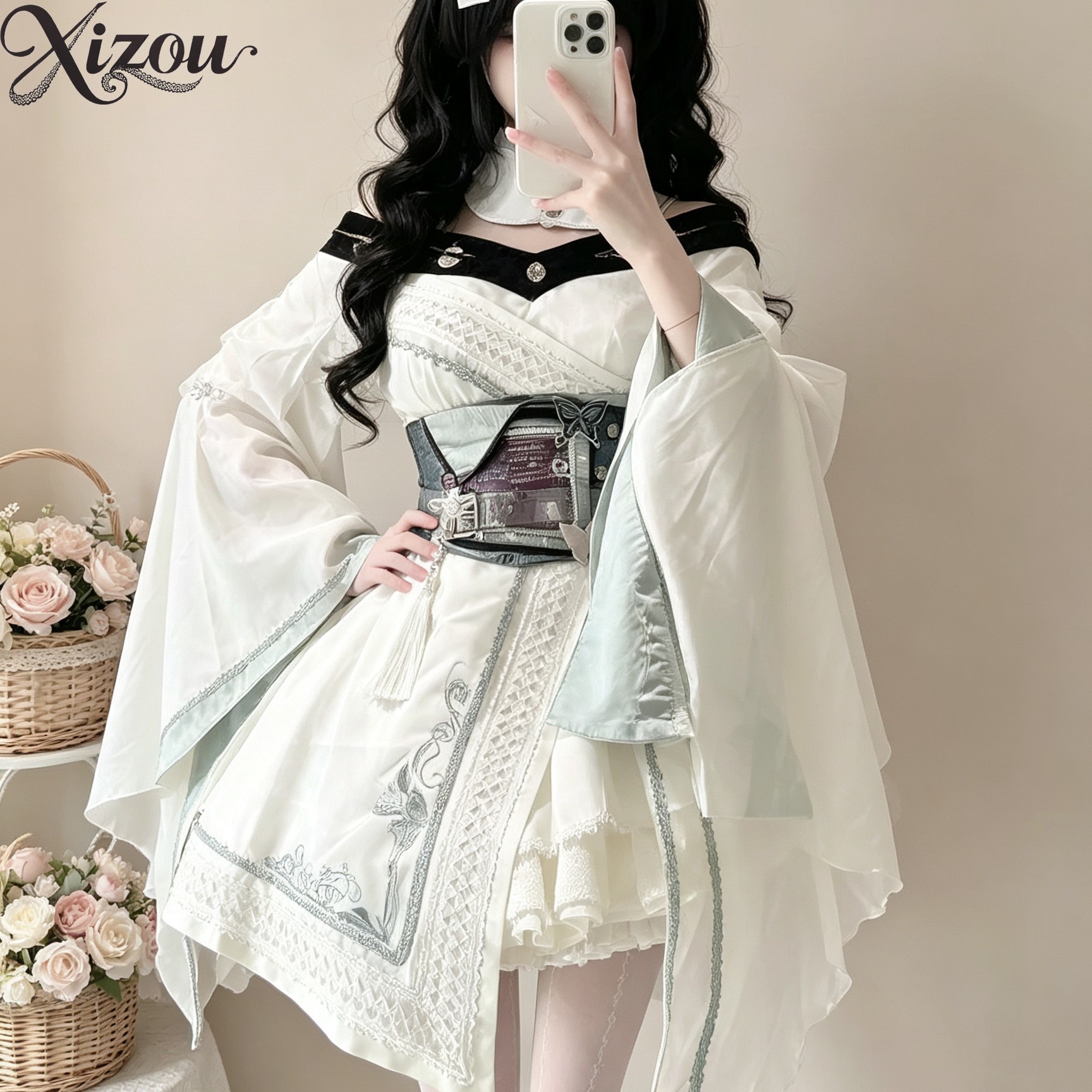 Embroidery Gothic - 中国風ゴシックロリータOPドレスセット ワイドベルスリーブ 刺繍入りショートドレス 春夏コスプレコスチューム 女性用ウエストバンド