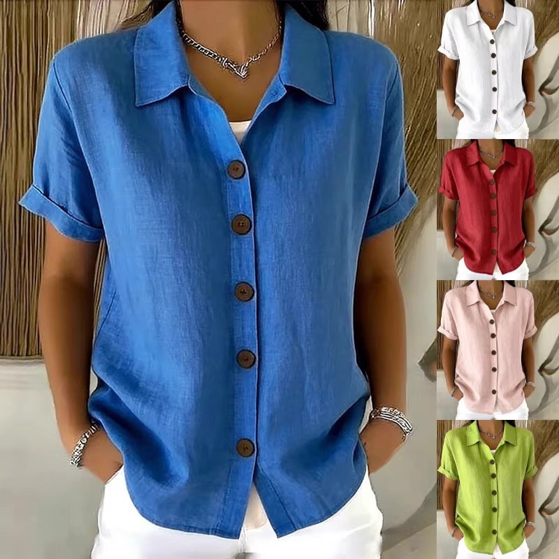 Embroidery Online - 女性のエレガントな夏のコットンリネントップス半袖ラペルボタンアップソリッドカラールーズシャツ女性カジュアルブラウスカーディガントップス