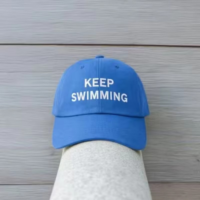 Embroidery Letter - 2026年トレンドの「Keep Swimming」新文字刺繍入り野球帽、男女兼用、おしゃれな日よけソフトトップハット、ダックビルキャップ