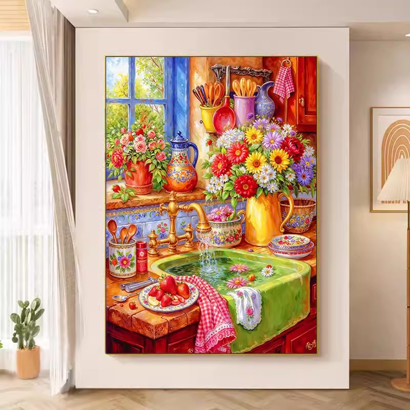 Embroidery Kitchen - 9ct 75x90cm 花キッチン刺繍 DIY 中国風プリントキットクロスステッチ針仕事家の装飾工芸品