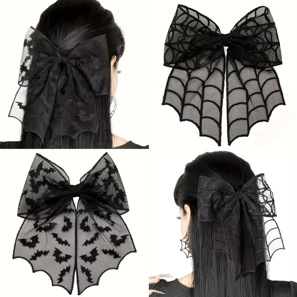 Embroidery Gothic - レースチュールベールヘアクリップ、コウモリ刺繍ゴシックスタイルハロウィンヘアピン、メッシュボウ、クリスマスツリーボウヘアクリップ