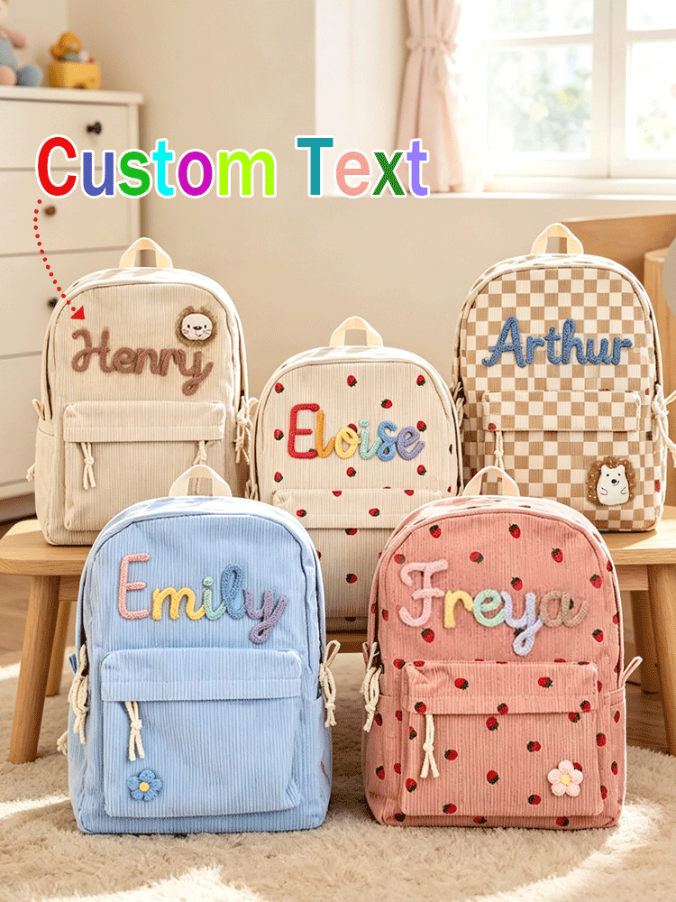 Embroidery Name - [カスタム] 名前入りパーソナライズされた新学期用バックパック – ストロベリー/チェック柄、軽量で広々としたトラベルバックパック