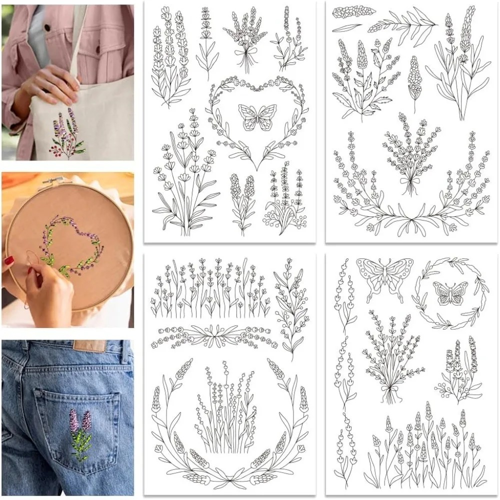 Embroidery Cloth - 4 シート ラベンダーの花蝶 水溶性安定剤 手刺繍 DIY