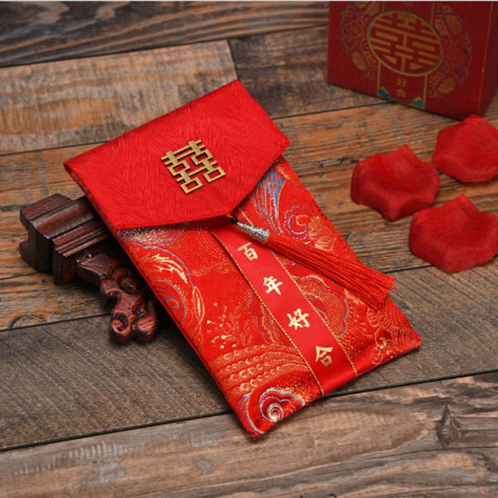 Embroidery Cloth - 新年の祝福の言葉入り紅封筒 春節ブロケード布タッセル 2025年 マネーポケット 紅包 刺繍
