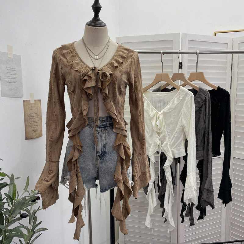 Embroidery Online - ISAROSE ウェイストランドスタイルカーディガン女性用パンク春秋ソリッドカラーフレア長袖フロントレースアップフリルリップドトップス