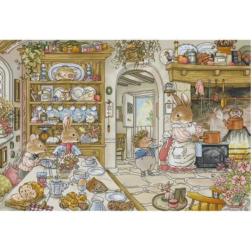 Embroidery Kitchen - ウサギのキッチン漫画動物パターンクロスステッチキット、キャンバス印刷、刺embroideryセット、DIY手作りの針仕事、14カラット、16カラット、11カラット