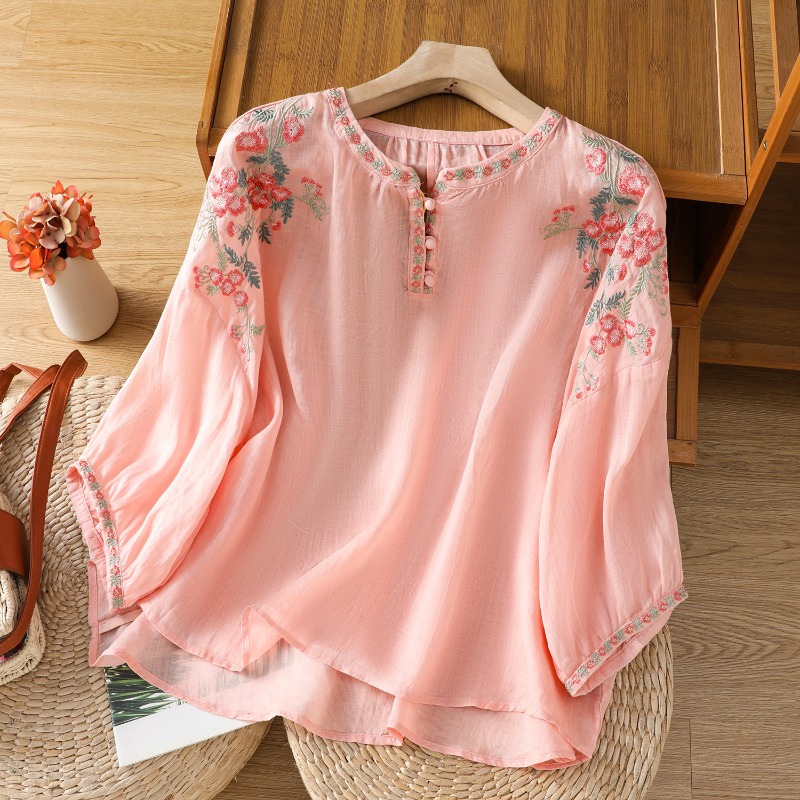 Embroidery Blouse - 中国風の婦人服ブラウスヴィンテージ刺繍シャツルーズ夏服半袖コットンリネン女性トップス