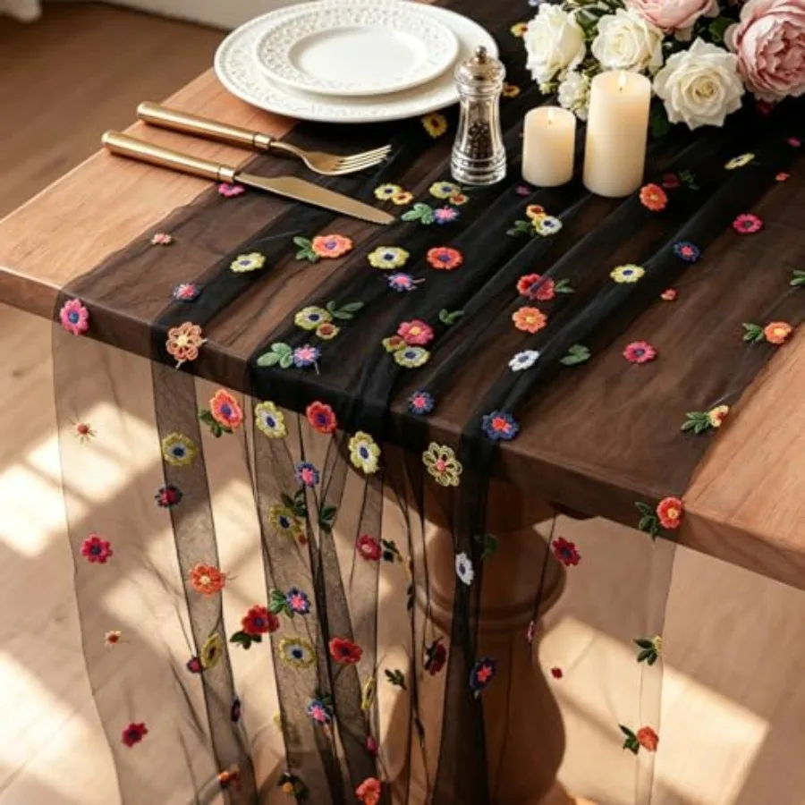 Embroidery Kitchen - 刺繍デイジー春夏テーブルランナー 10フィート花柄季節限定イースターチュールテーブルランナーキッチンホリデーダイニングテーブルデコレーション