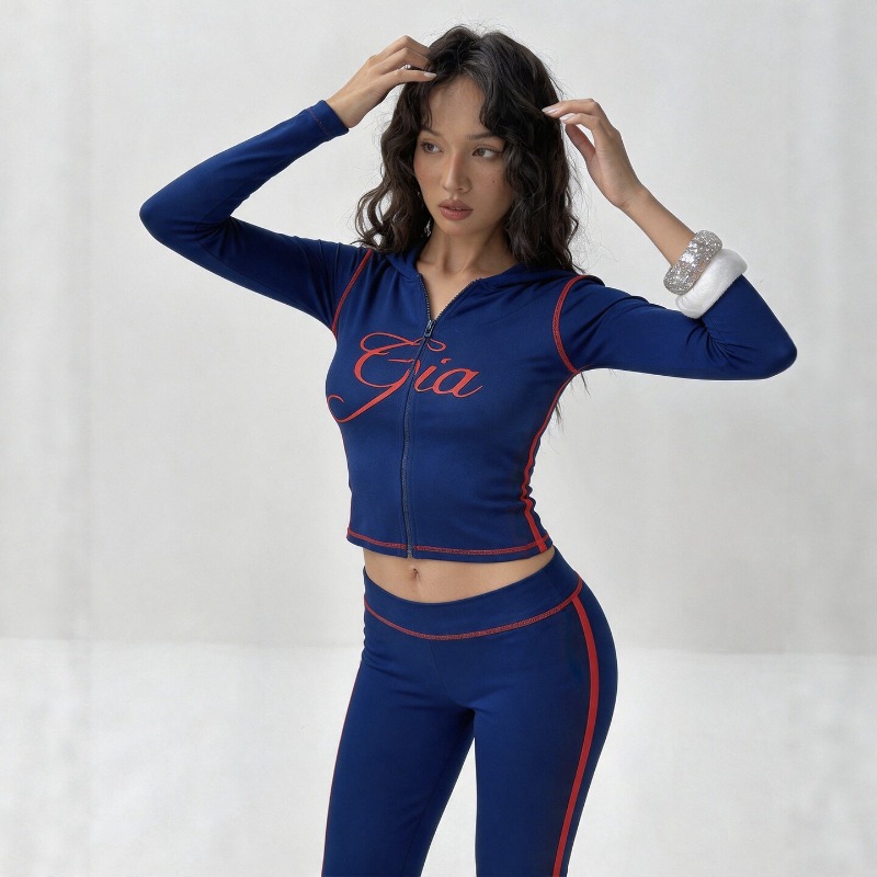 Embroidery Online - 女性用レタープリント2ピーストラックスーツ、ジップアップフード付きクロップトップ+ハイウエストボディコンパンツ、コントラストステッチY2Kマッチングセット