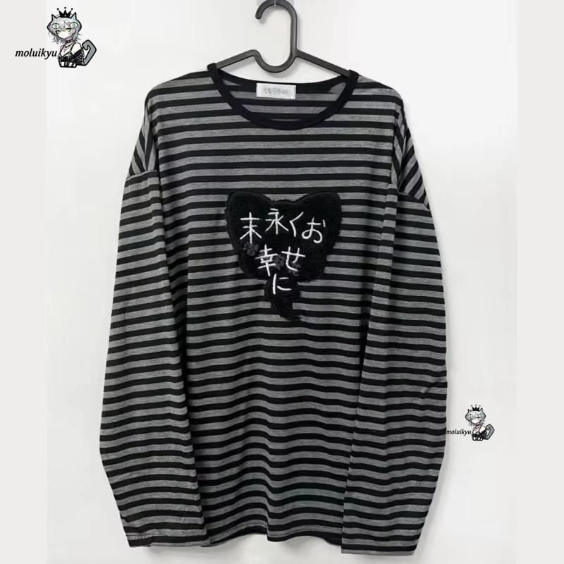 Embroidery Blouse - Y2K アメリカンパンクヴィンテージ O ネック長袖シャツオールマッチストライプデザイン原宿刺繍トップス美的ハイストリート Tシャツ