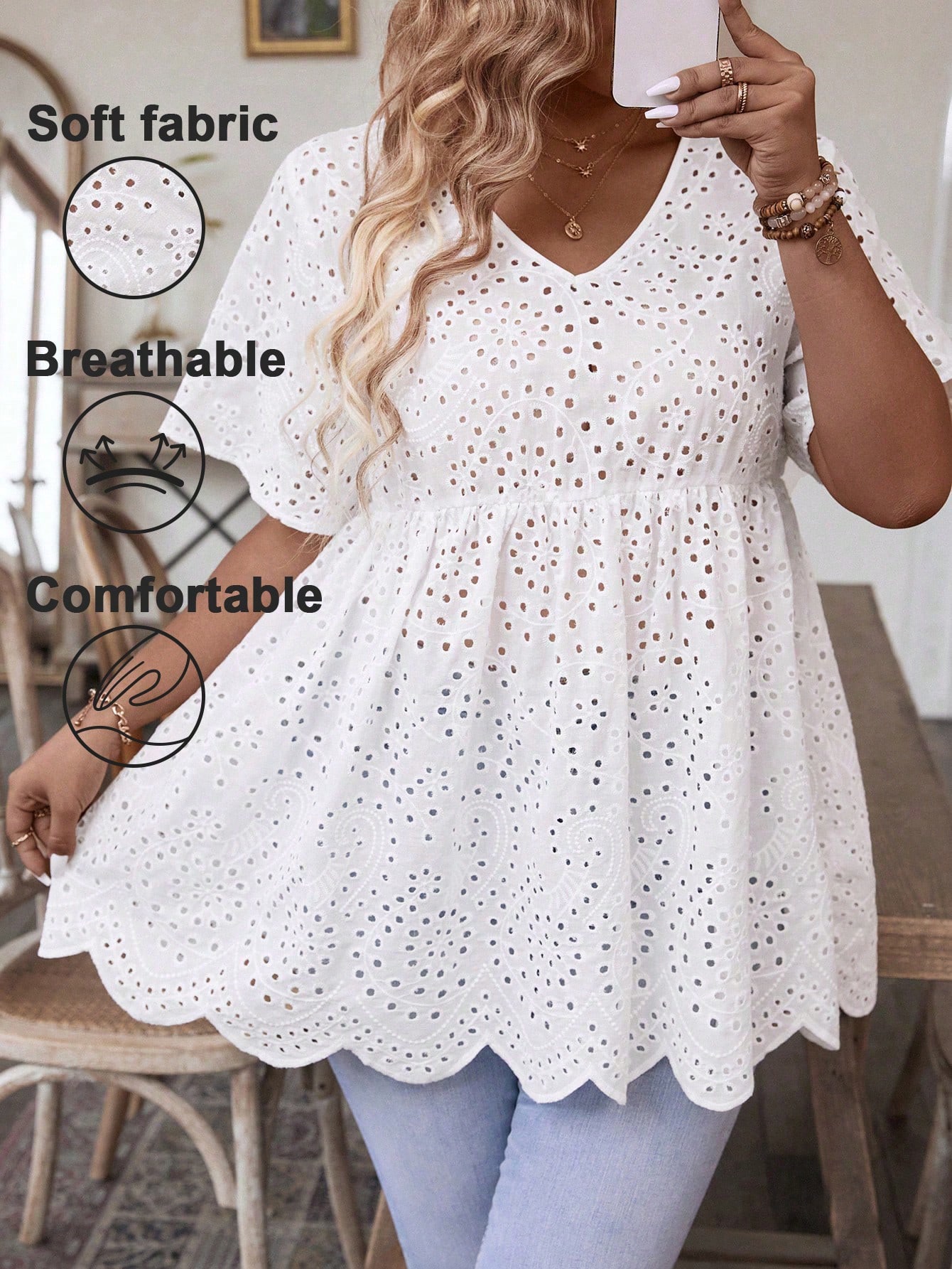 Embroidery Blouse - 女性用プラスサイズホワイトアイレット刺繍Vネックペプラムトップ、ゆったりとした通気性のあるカジュアルブラウス、曲線美の女性のための夏の日常着