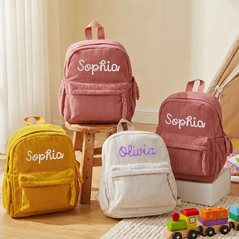 Embroidery Name - パーソナライズされたコーデュロイ幼児用バックパック カスタム名入りスクールバッグ 幼児へのギフト 新学期ギフト 子供へのギフト 幼稚園バッグ