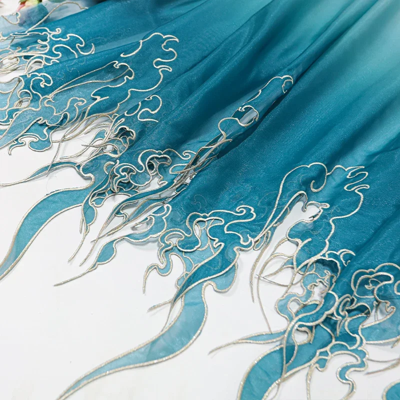 Embroidery Wedding - 中国風刺繍蓮の葉グラデーション生地 DIY 漢服ドレススカートステージ衣装結婚式の服装デザイナー縫製布
