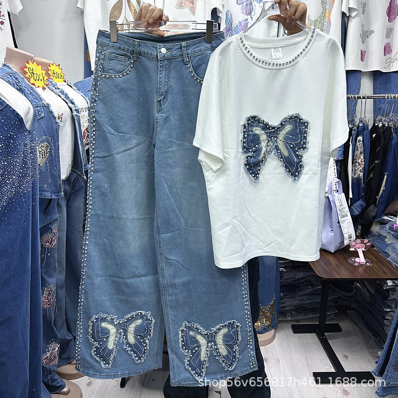 Embroidery Blouse - 春夏新作ゆったりレディースツーピースセット刺繍蝶柄白半袖Tシャツ＋カジュアルワイドレッグストレートジーンズ