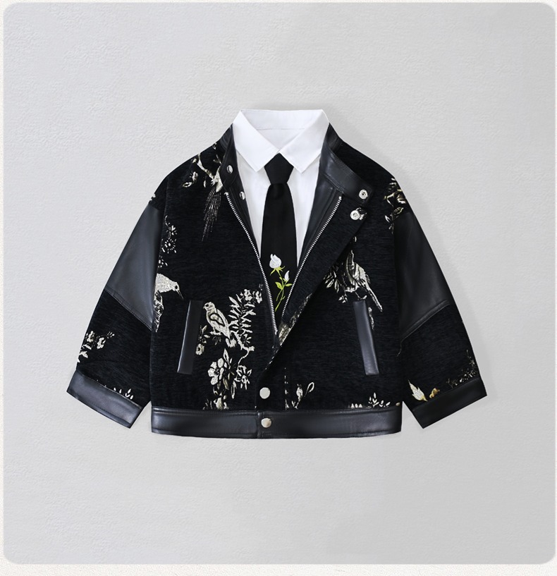 Embroidery Wedding - 紳士風キッズ刺繍入りバイク用PUレザージャケット 男の子用 防水防風コート キッズクリスマス 新年写真撮影用ウェア
