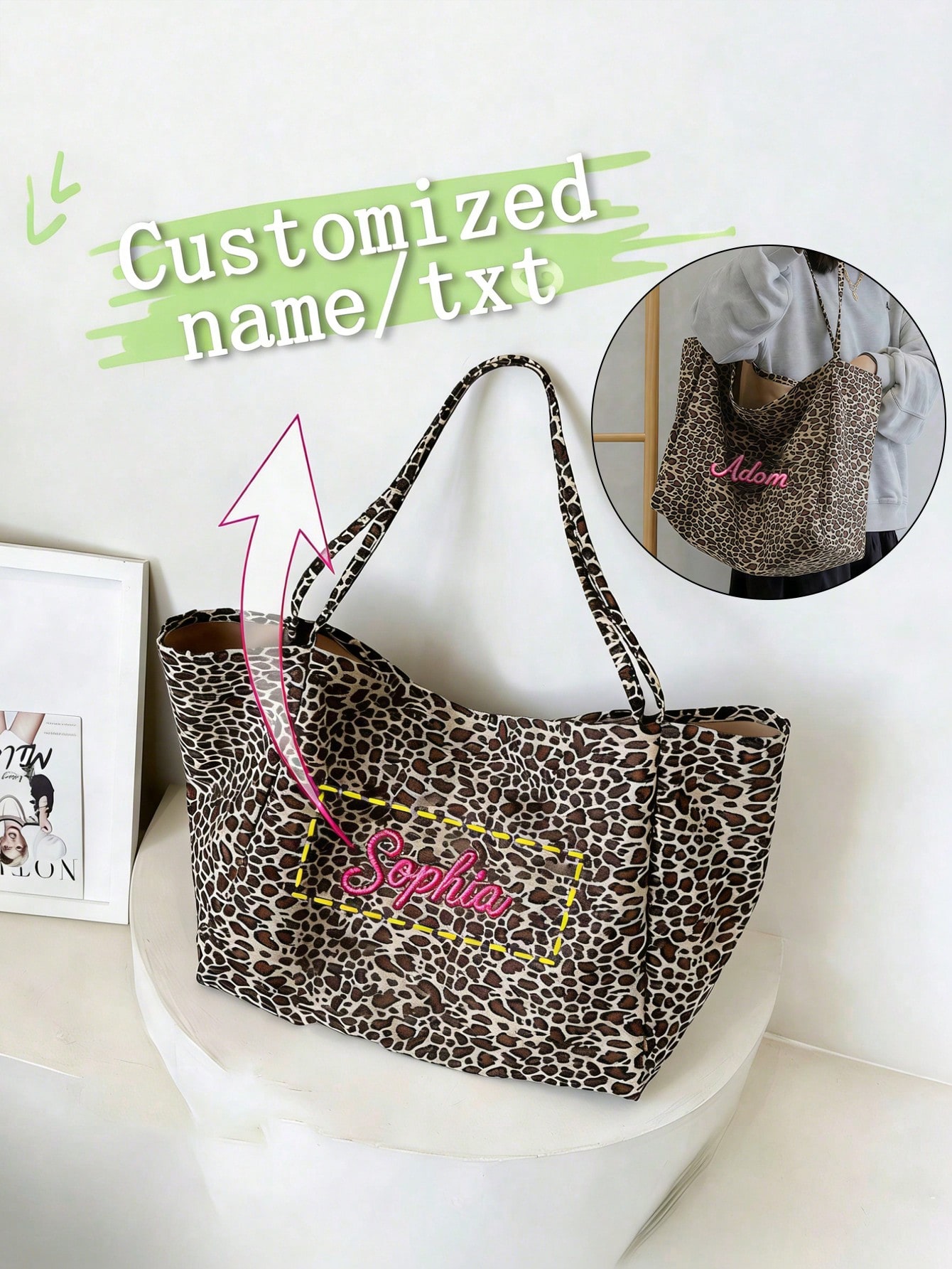 Embroidery Name - カスタム名ヒョウ柄トートバッグ女性大容量ショルダーバッグカジュアルショッピングハンドバッグパーソナライズ刺繍ギフト彼女