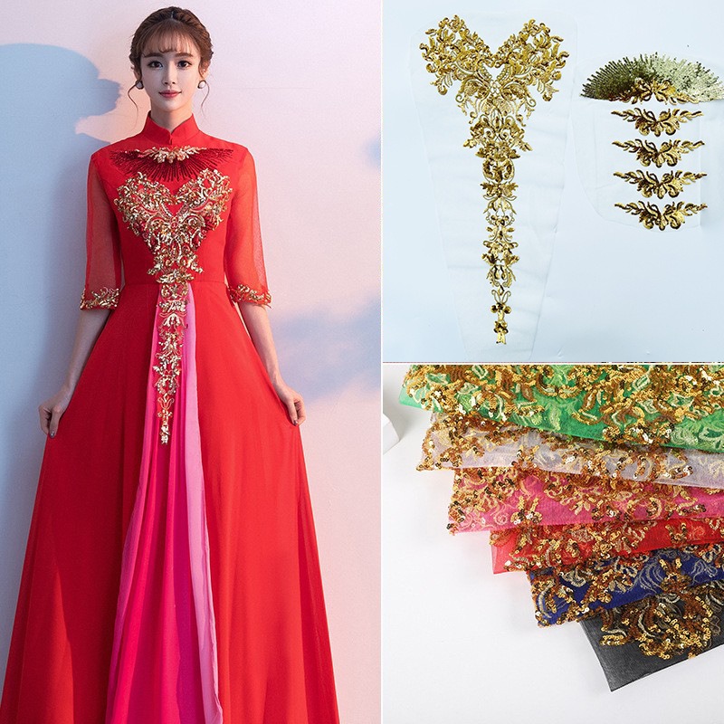 Embroidery Gold - 1セット金箔牡丹スパンコール刺繍レースベースDIY手作りアクセサリー、チャイナドレス装飾用、尾羽付き