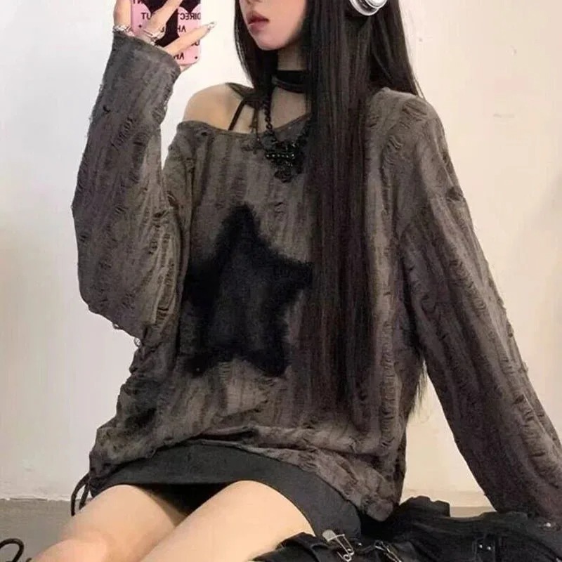 Embroidery Blouse - Y2K ホールスタープリント Tシャツ女性ファッションストリートオフショルダートップス夏特大 Kpop 長袖ルーズ Tシャツレディース新