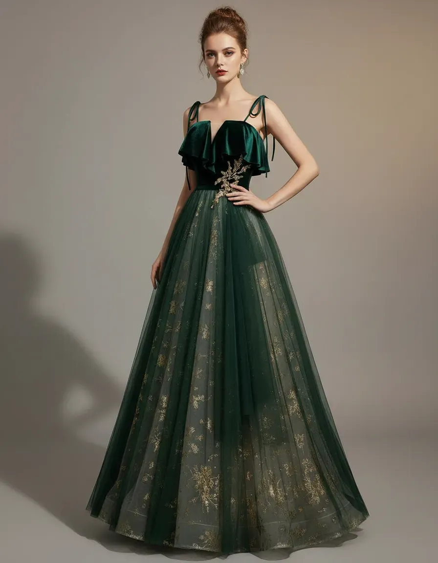 Embroidery Gold - エメラルドグリーンのベルベットトップとチュールスカートのイブニングドレス、ゴールド刺繍入り、結婚式のゲスト、プロム、卒業式、誕生日、宴会に最適