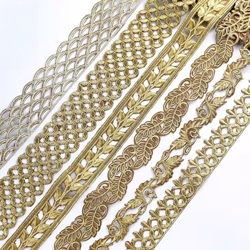 Embroidery Gold - 新しい絶妙なライトゴールドシルバー刺繍ボーダーパターン DIY ウェディングドレスパフォーマンス衣装衣類装飾アクセサリー