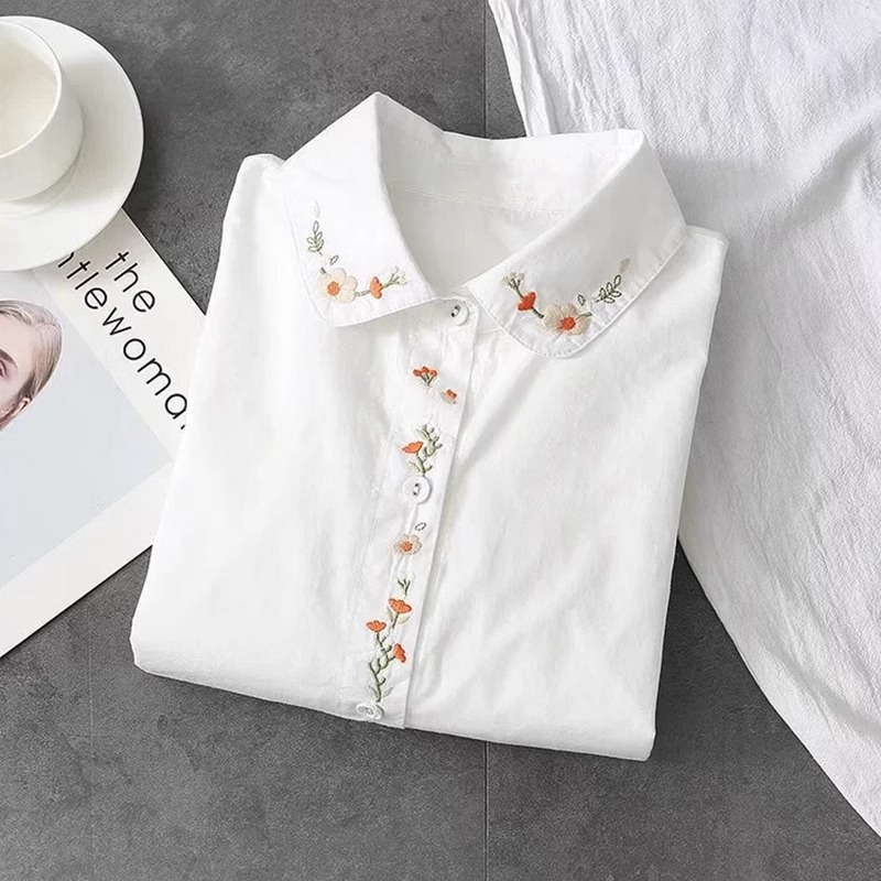 Embroidery Online - 新しい純粋な綿の白いシャツ女性ターンダウン襟刺繍長袖ボタンカジュアルトップス女の子のブラウス春と秋
