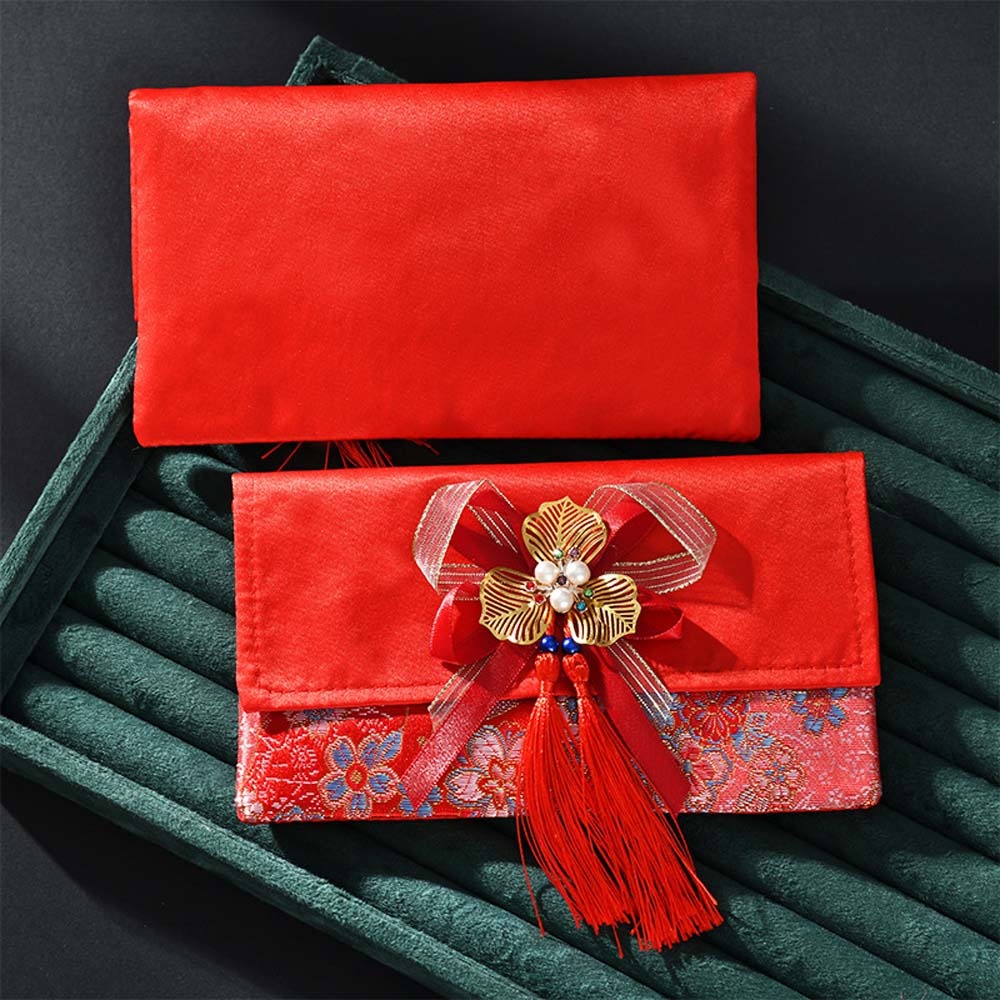 Embroidery Cloth - 新年の祝福の言葉入り紅封筒、春節の刺繍入り布製タッセル、2025年お金入れ袋、刺繍入り祝福の言葉