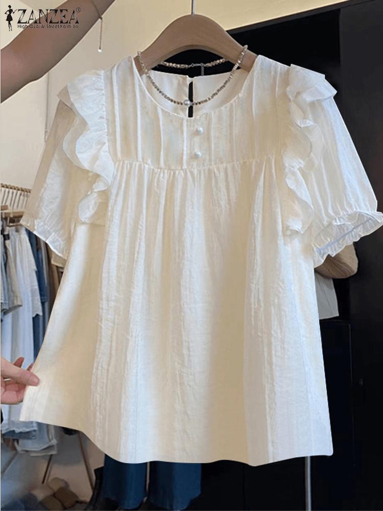 Embroidery Blouse - Zanzea-女性用のフリル付きパッチワークブラウス,パフスリーブ,エレガントなトップス,休暇用チュニック,プリーツボタン,韓国のファッション,休暇