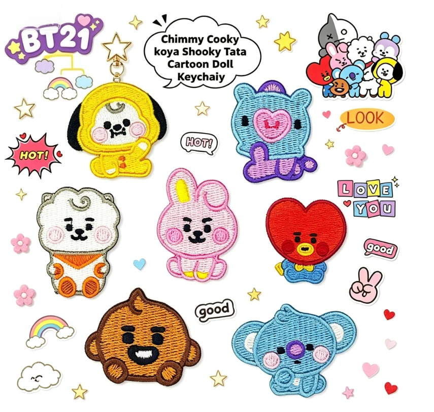 Embroidery Patches - LINE FRIENDS BT21 全キャラクター刺繍入り粘着パッチ、DIYの衣類、靴、バックパック、帽子用の漫画アイロン接着パッチ