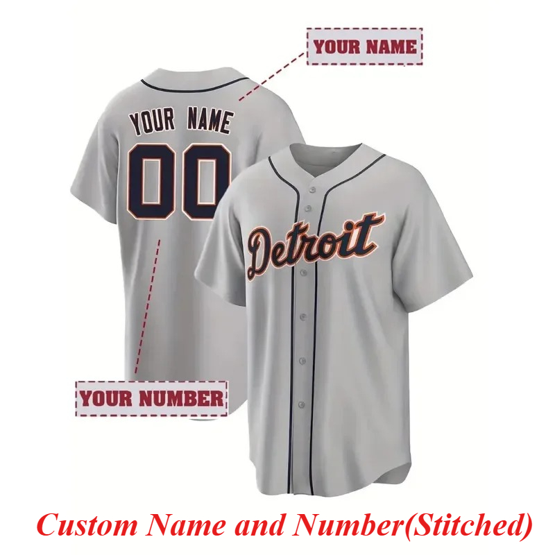 Embroidery Name - カスタマイズされた名前と番号メンズ刺繍野球ジャージデトロイトグレー V ネックパーソナライズ半袖ボタンダウン DIY シャツ