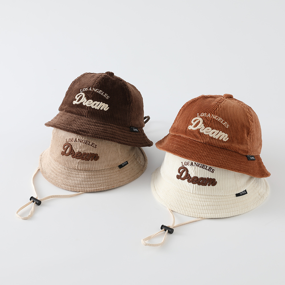 Embroidery Letter - ベビー無地日焼け止め帽子 男の子用保温コーデュロイフィッシャーマンハット 女の子用日焼け防止レター刺繍バケットキャップ アウトドア用