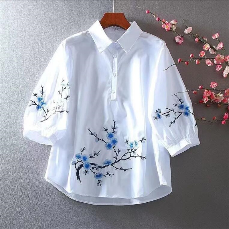 Embroidery Blouse - 女性のための白い刺embroideredシャツ,女性のための純粋な綿のシャツ,ルーズでカジュアル,縫い目の袖,夏