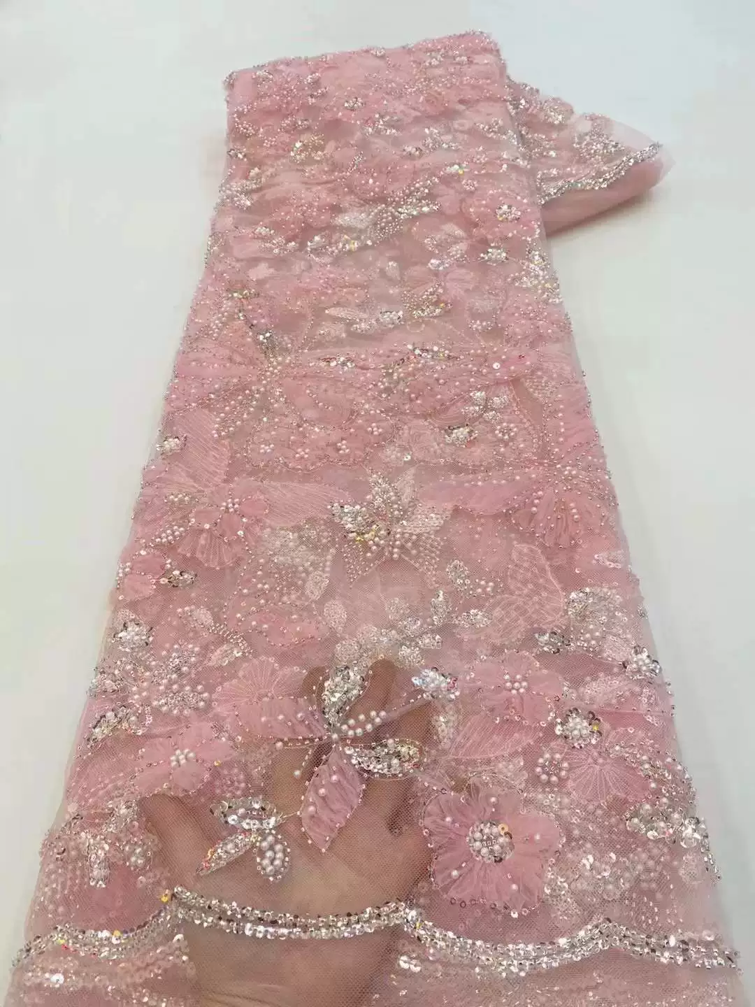 Embroidery Wedding - 5ヤードスパンコール蝶刺繍レース生地、ウェディングドレス、イブニングドレス、チャイナドレス用のデザイナー生地、縫製用