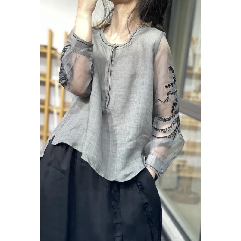 レディース シースルー 刺繍入り袖 リネンブラウス ボタン付 - Embroidery Blouse のレビューと価格