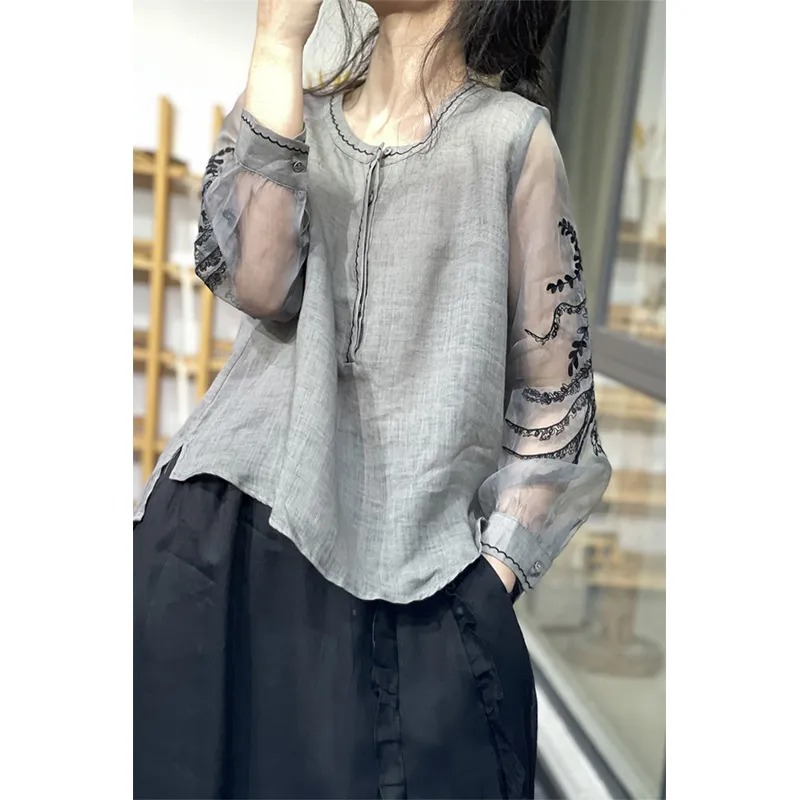 レディース シースルー 刺繍入り袖 リネンブラウス ボタン付 - Embroidery Blouse のレビューと価格