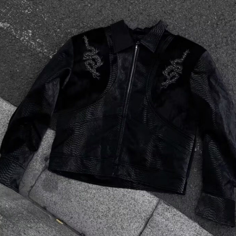 メンズ ブラック スネーク エンボス加工 ジャケット 背中刺 - Embroidery Gothic のレビューと価格