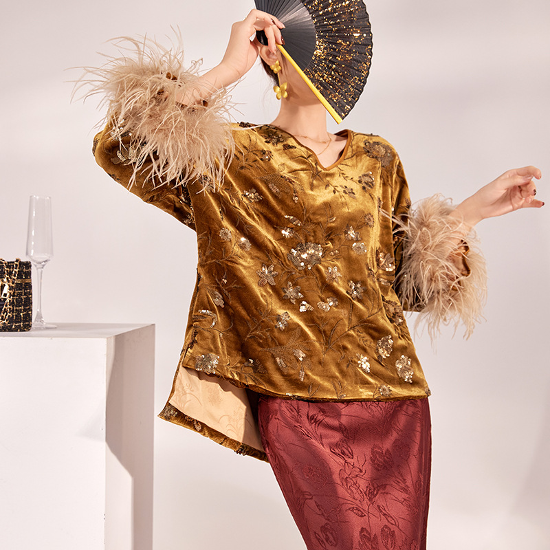 2025年冬 フェザーカフブラウスセット、チャイナスリーブ刺 - Embroidery Blouse のレビューと価格