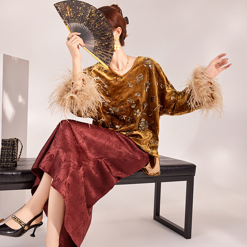 2025年冬 フェザーカフブラウスセット、チャイナスリーブ刺 - Embroidery Blouse のレビューと価格