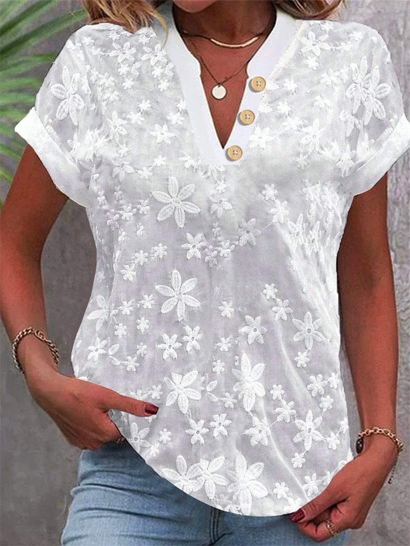 女性のための白い花柄の刺繍ブラウス,エレガント,半袖,Vネッ - Embroidery Blouse のレビューと価格