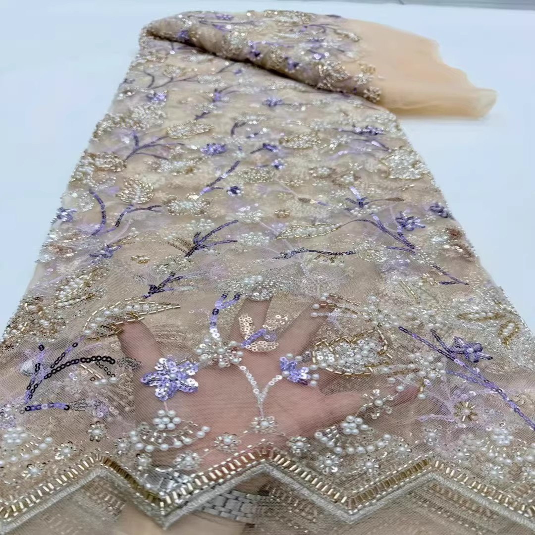5ヤードのスパンコールビーズチューブ刺繍生地、衣類用、高級チ - Embroidery Wedding のレビューと価格