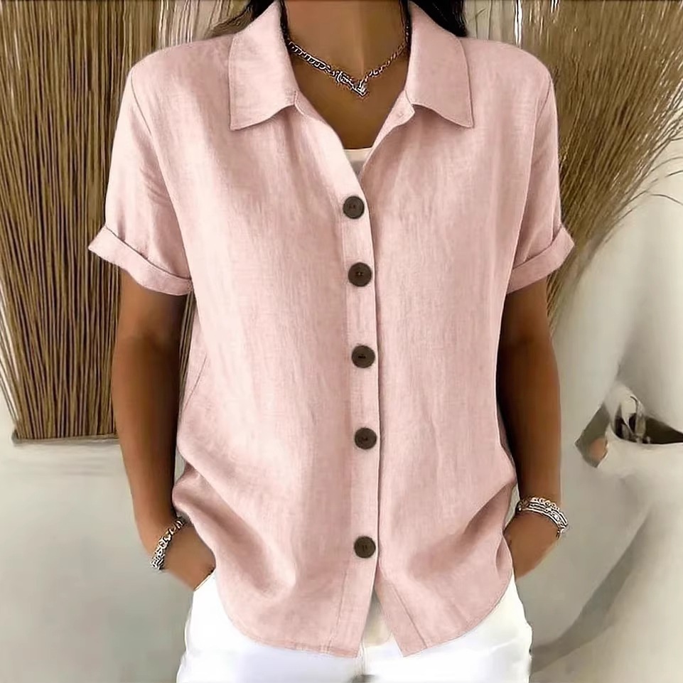 女性のエレガントな夏のコットンリネントップス半袖ラペルボタン - Embroidery Online のレビューと価格