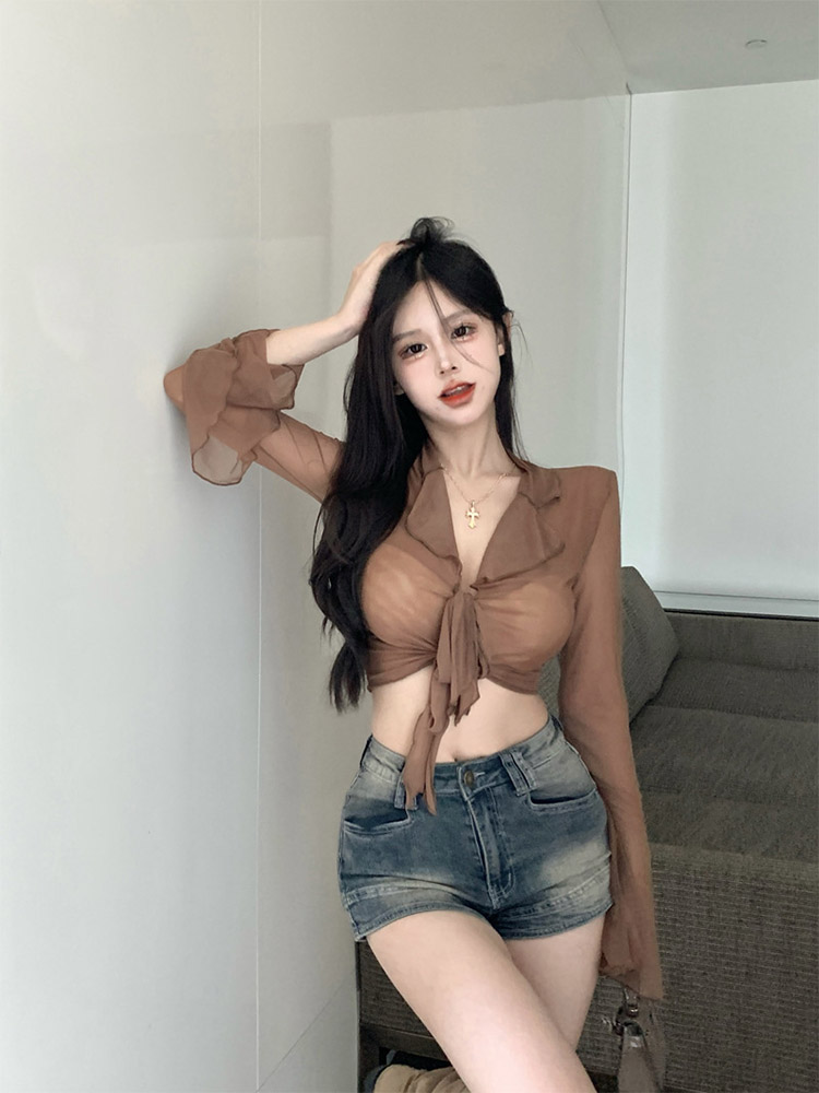 ロングフレアスリーブブラウス女性のためのレースアップメッシュ - Embroidery Online のレビューと価格