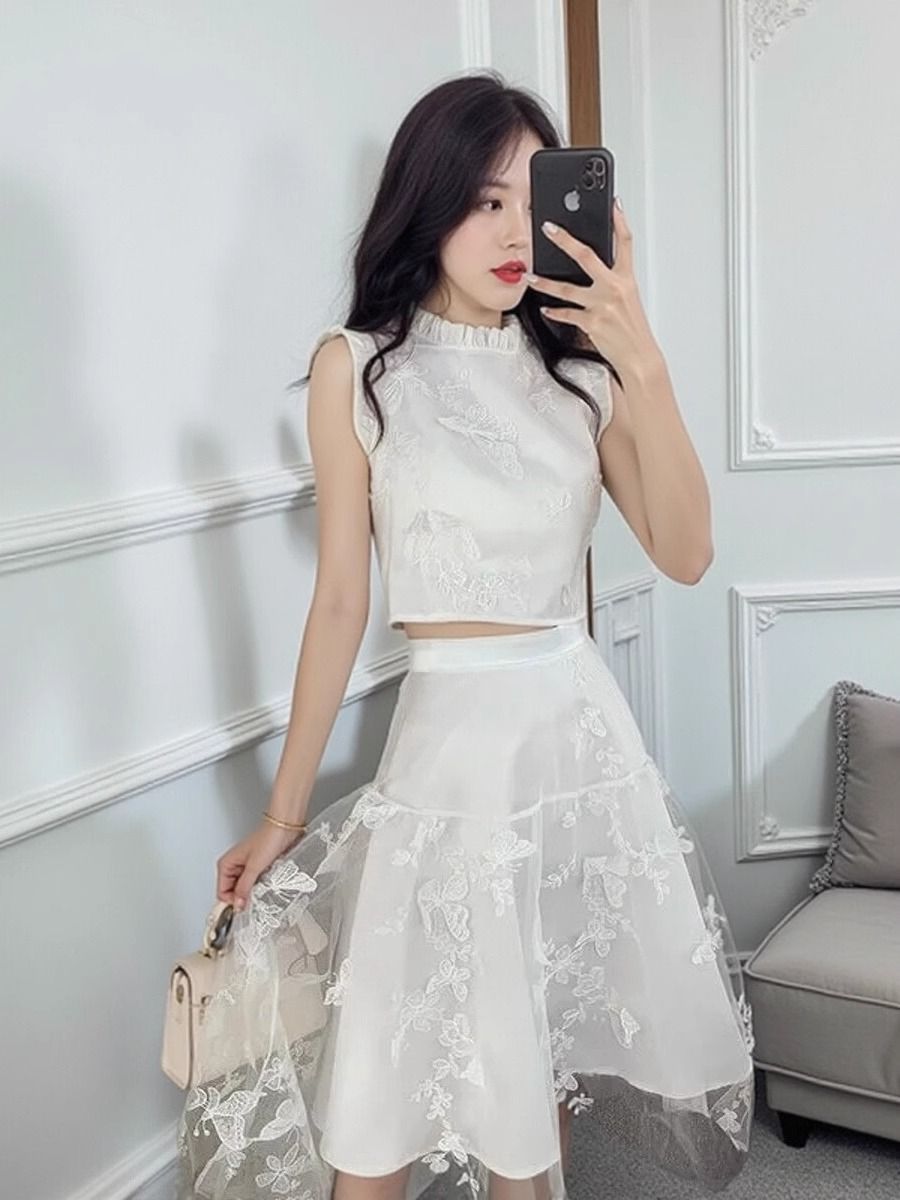 新作夏物高級ホワイトツーピースセット レディースファッション - Embroidery Blouse のレビューと価格