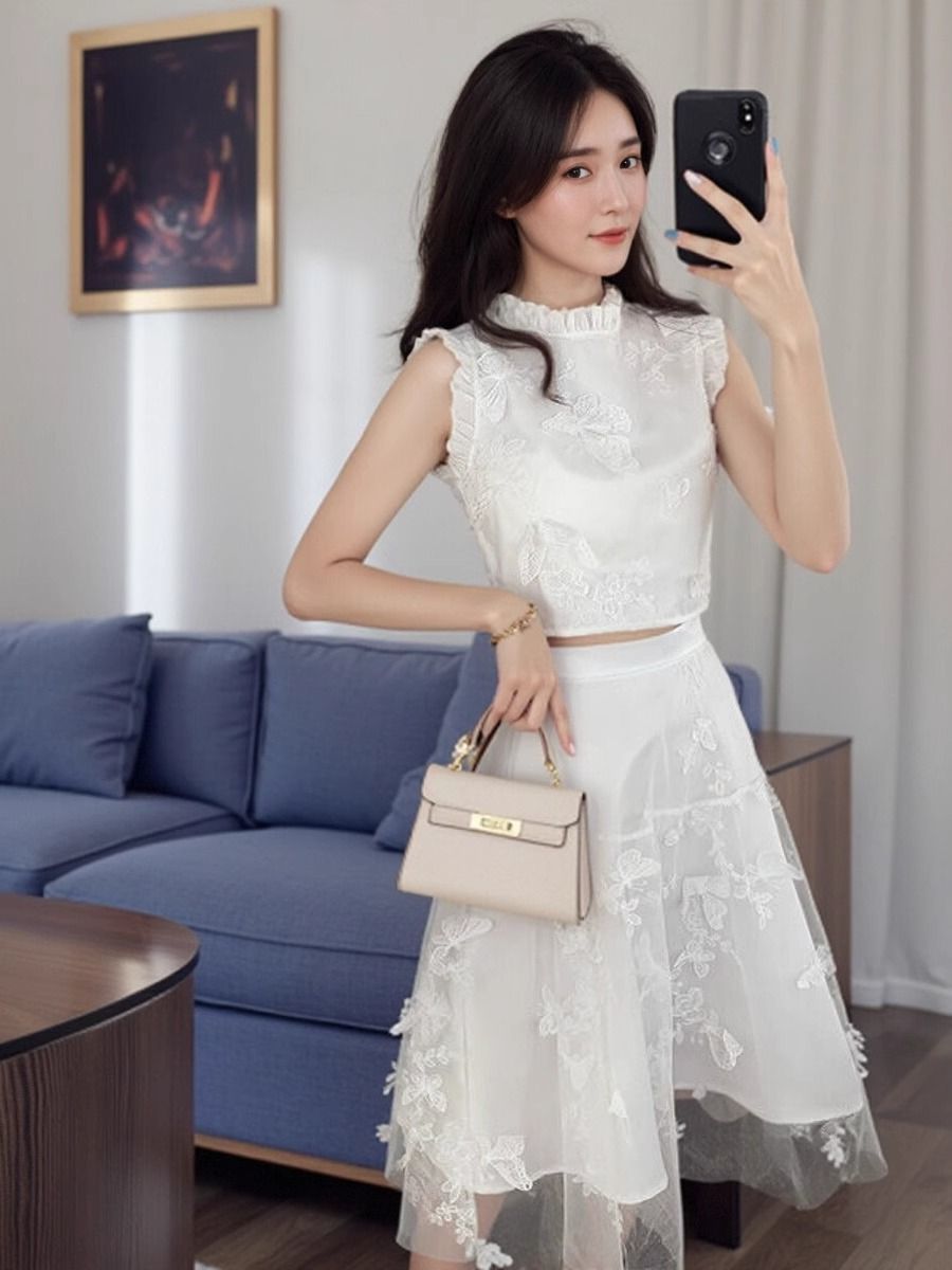 新作夏物高級ホワイトツーピースセット レディースファッション - Embroidery Blouse のレビューと価格