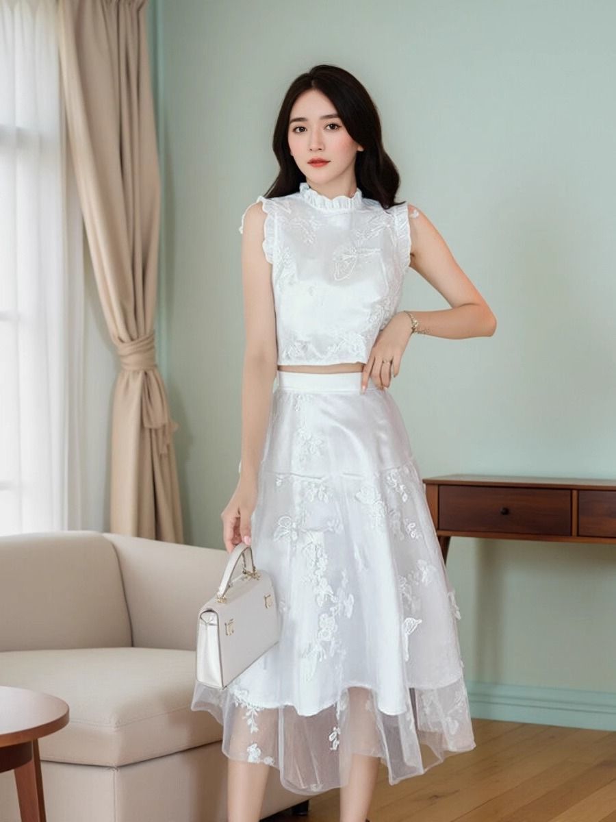 新作夏物高級ホワイトツーピースセット レディースファッション - Embroidery Blouse のレビューと価格