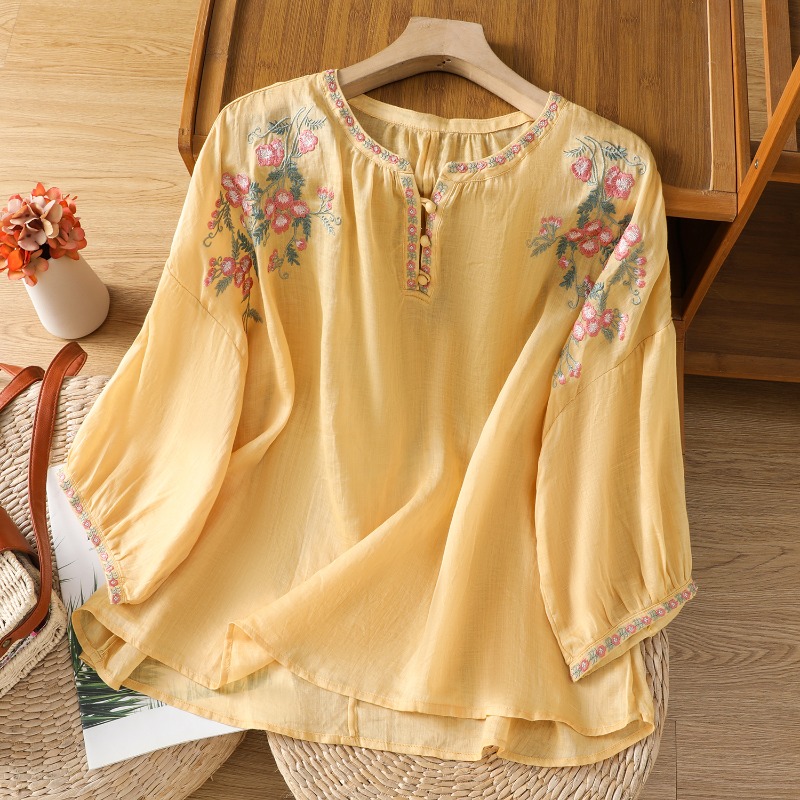 中国風の婦人服ブラウスヴィンテージ刺繍シャツルーズ夏服半袖コ - Embroidery Blouse のレビューと価格