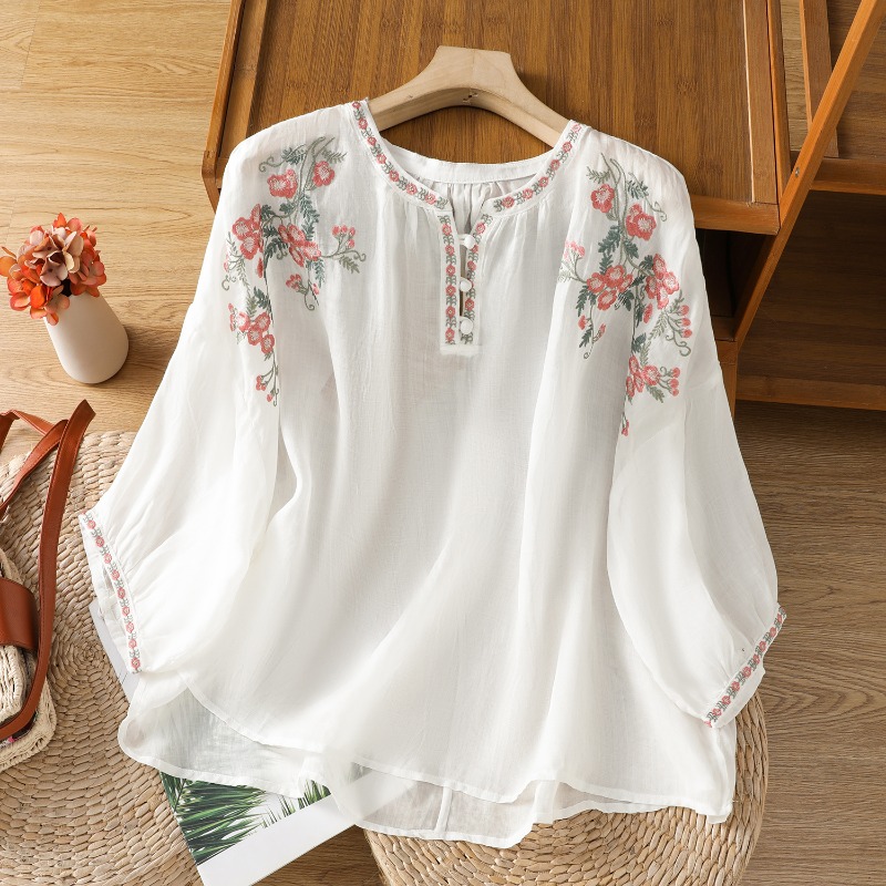 中国風の婦人服ブラウスヴィンテージ刺繍シャツルーズ夏服半袖コ - Embroidery Blouse のレビューと価格