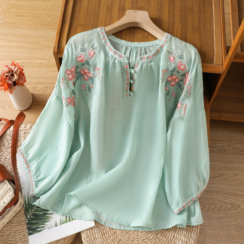 中国風の婦人服ブラウスヴィンテージ刺繍シャツルーズ夏服半袖コ - Embroidery Blouse のレビューと価格