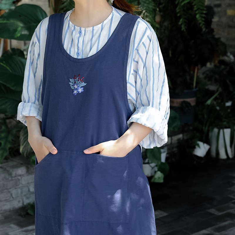 夏用ピュアコットン刺繍キッチンエプロン ポケット付き レディ - Embroidery Kitchen のレビューと価格