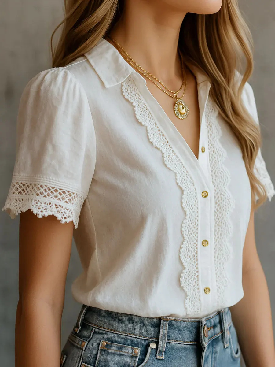 エレガントな女性のシャツカジュアルソリッドカラーラペルボタン - Embroidery Blouse のレビューと価格
